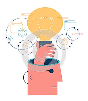 Human head and hand holding a light bulb. Business idea, plan strategy and solution concept. Big idea, thinking, innovation