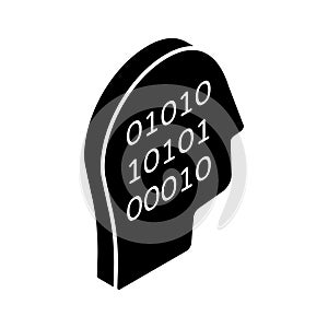 Human head having binary code, computer expert isometric vector design, programmers icon design