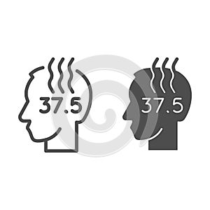 Human head with high temperature line and solid icon. Person with fever and flu outline style pictogram on white