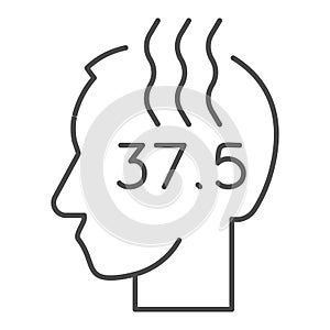 Human head with high temperature thin line icon. Person with fever and flu outline style pictogram on white background