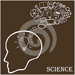 Human head and icons of science. Vector
