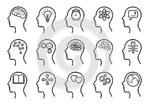 Human head icons set with thinking symbols. Vector