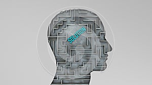 Human head and inside a maze with a solution to the problem. The concept of finding the right solution. 3d render