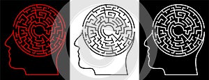 Human head with labyrinth, maze inside. Making difficult decisions. Brainstorm. Creative and logical thinking. Vector