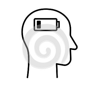Human head with low battery charge. Concept of occupational burnout, chronic fatigue syndrome, emotional depletion