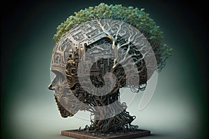 Human head made of metallic and vegetal parts, looking like a tree photo