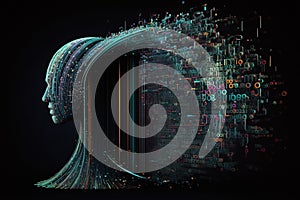 Human head and data streams. Artificial intelligence concept. Generative AI