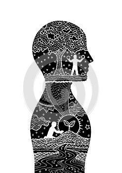 Human head man inside planting tree invert color  abstract art illustration design hand drawn