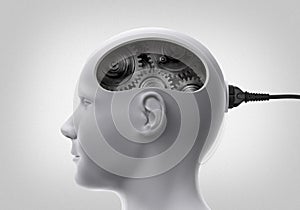 Human head with mechanical brain