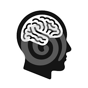 Human head profile with brain symbol, black icon vector illustration