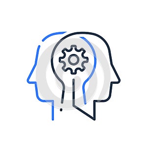 Human head profile and cogwheel line icon, cognitive psychology or psychiatry concept, brain training photo