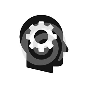 Human head profile with gear wheel symbol, headwork simple black icon