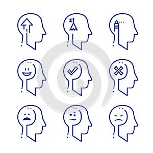 Human head profile line icon set, cognitive psychology or psychotherapy, positive or negative thinking, behavior concept