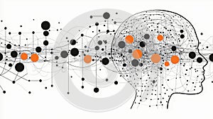 Human head profile with neural network and connected nodes symbolizing brain mapping