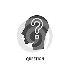 Human head profile with question mark glyph icon. Head question task vector symbol. Thinking man sign