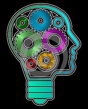 A human head profile shaped bulb with inside iron gears. PNG available