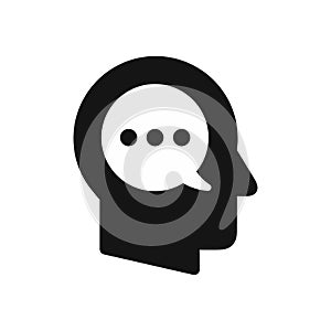 Human head profile with speech bubble symbol, inner monologue, thoughts concept simple black icon