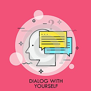 Human head profile and speech bubbles. Concept of dialog with yourself, inner or internal discourse, thinking things out photo