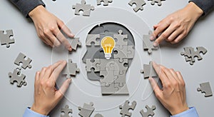 Human head puzzle idea concept, creative thinking and problem solving business strategy teamwork success