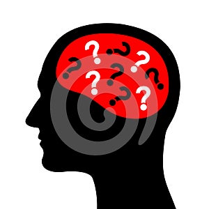 Human head with question mark instead of brain