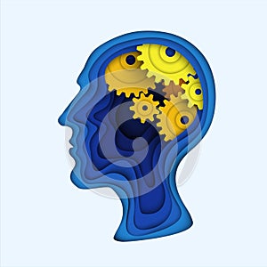 Human head silhouette. Gear wheels brain. 3D paper cut shapes. Template for your design works