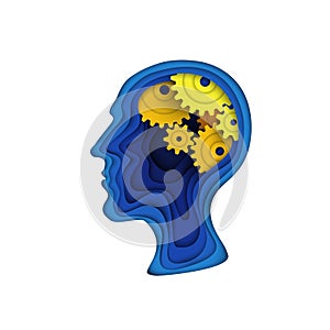 Human head silhouette. Gear wheels brain. 3D paper cut shapes.Vector illustration.
