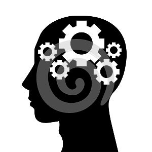 Human head silhouette with set of gears as a brain