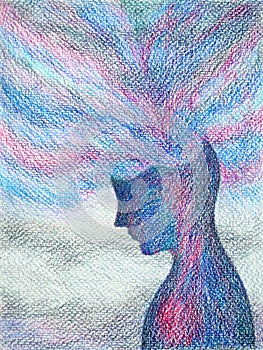 human head spiritual energy bipolar disorder mind mental health feel psychology abstract body soul art pencil color illustration