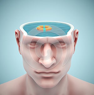 Human head with swimming pool and a lifebuoy