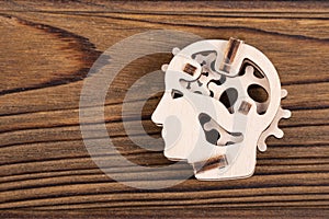 Human head symbol with gears inside the brain. Concept thought process, mind, idea, innovation. training.