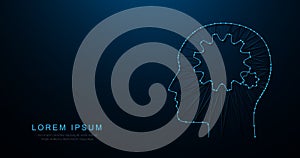 Human head thinking. Gear in head icon form lines, triangles and particle style design. Illustration vector