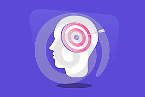 Human heads silhouette with arrow on target. Mental concentration, successful strategy and mind focus. Modern flat vector
