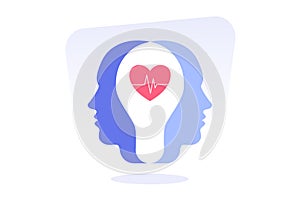 Human heads silhouette with medical heart shape icon. Cognitive psychology or psychiatry. Healthcare or healthy lifestyle. Modern