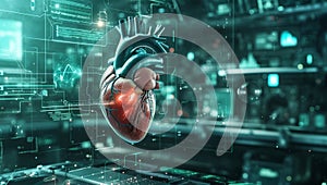 Human heart amidst digital data and holographic interfaces
