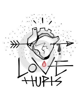 Human heart, arrow and Love hurts phrase