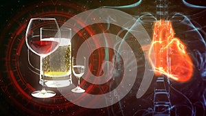 Human heart disease of wine and drinks, cg medical 3d illustration