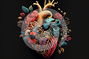 Human heart with flowers, love and emotion concept, good hearted person, help and charity, generative AI .