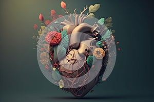 Human heart with flowers, love and emotion concept, good hearted person, help and charity, generative AI .