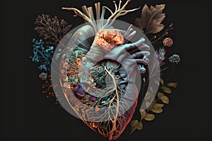 Human heart with flowers, love and emotion concept, good hearted person, help and charity, generative AI .