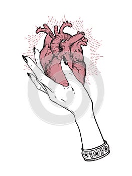 Human heart in graceful female hand isolated. Sticker, print or blackwork tattoo hand drawn vector illustration photo