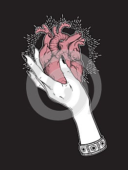 Human heart in graceful female hand isolated. Sticker, print or blackwork tattoo hand drawn vector illustration photo