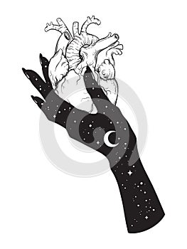 Human heart in hand of universe. Sticker, print