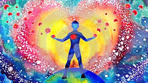 Human heart healing flower flow in universe world love spiritual mind mental health chakra power abstract soul art watercolor