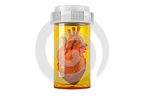 Human heart inside medical bottle from pills. Heart drugs concept, 3D rendering