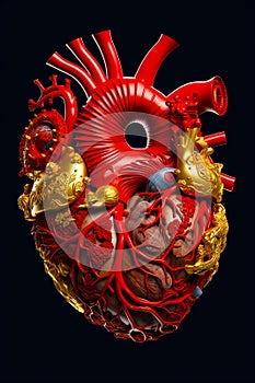 Human heart with lot of blood and gold decorations on the inside of it. Generative AI