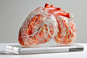 Human Heart Model for Educational Purposes Displayed on Transparent Stand with Detailed Arteries and Ventricles