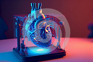 Human heart model printed on a 3D printer, showcasing the intricate details and complexity of the human heart