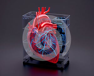 Human heart model printed on a 3D printer, showcasing the intricate details and complexity of the human heart