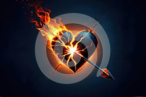 A human heart pierced by an arrow has burst in half and is burning with fire