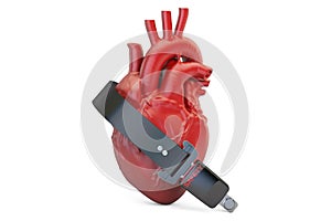 Human heart with safety belt, health insurance concept. 3D